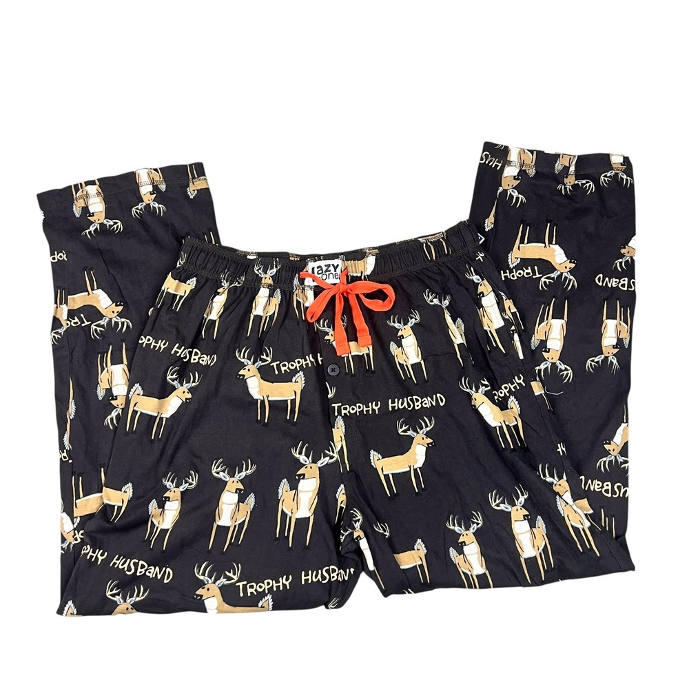 Lazy One Mens Trophy Husband Pajama Pants Black Deer Print Cotton Lounge Large